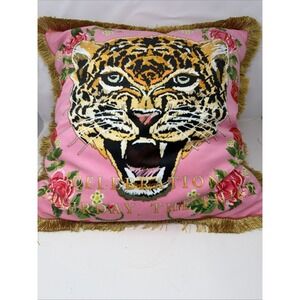 PINK LEOPARD VELVET DECORATIVE CUSHION COVER FRINGED EDGE SQUARE 21 Inches